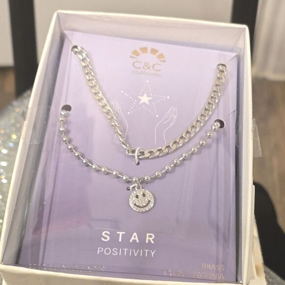 C & C California Positivity Rhinestone Smiley Face Necklace Set - Picture 4 of 6